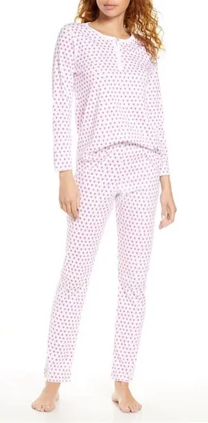 Roller Rabbit Preppy Pink Hearts m Cotton Pants and Henley Pajamas Set XS thumbnail 1