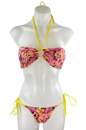 White Fox Swim Pink Floral Sleeveless Halter Two Piece Bandeau Bikini Swimwear M thumbnail 1