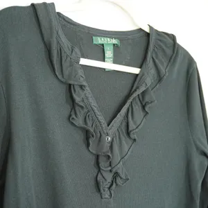 Lauren Ralph Lauren Size Large Black Ruffle V-Neck Ribbed Knit Top 3/4 Sleeve thumbnail 4