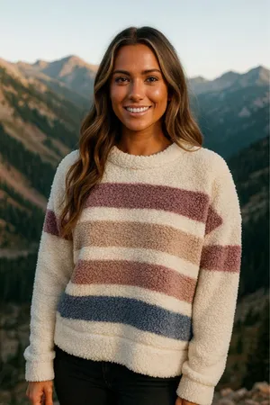 TS Sherpa Teddy‎ Boucle Pullover Sweater Buttery Soft Striped Fleece Winter Cozy thumbnail 1