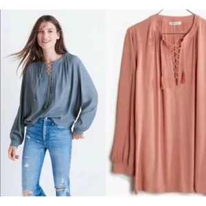 Madewell Size M Blouse‎ Lace Up Front Detail Long Sleeve Dusty Rose Top Women thumbnail 2