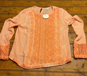 EN CREME Peach Crochet Lace Long Sleeve Sheer Gauze‎ Blouse Top Women S thumbnail 1