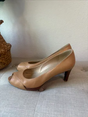 Stuart Weitzman Tan Leather Peep-Toe Heels Y2K wooden heel thumbnail 3