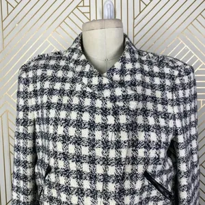 Zara Basic Checker Plaid Tweed Moto Jacket in Black & Cream Size US Medium‎ thumbnail 2