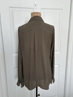 Loft Button Down Roll Tab Sleeve Shirt Blouse Front Pocket Olive Green Size S thumbnail 2