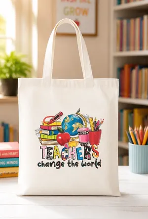&merci “Teacher Change the World” Large Cream Color Canvas Tote Bag NWT thumbnail 1