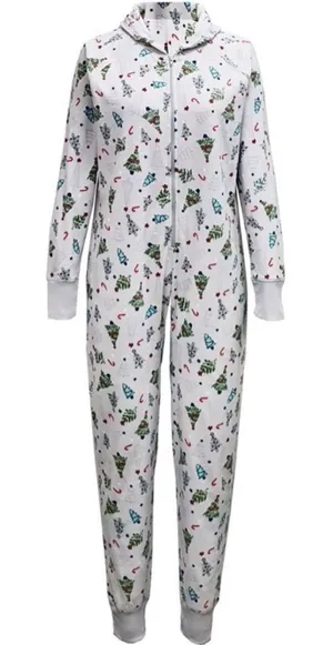 Family PJs Macys women’s one piece Pajamas Grey‎ with Green trees size medium thumbnail 1