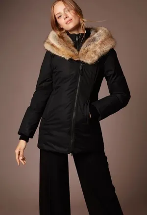 Aritzia Parka Goose Down‎ Asymmetrical Faux Fur Hood Fall Winter Black XXS GUC thumbnail 1
