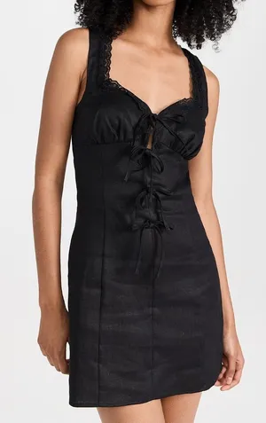 Reformation Reia Linen Dress Lace Sweetheart Bow Tie thumbnail 1