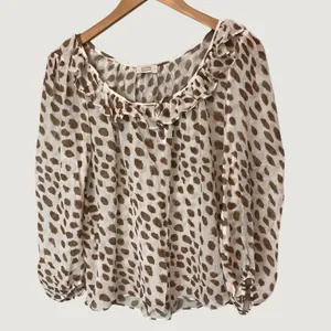 AYR Womens Ruffle Neck Abstract Animal Print Sheer Blouse Brown Cream E2047 L thumbnail 6