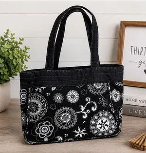 Thirty-One Black White Floral Paisley Quilted Tote Bag Handbag Purse thumbnail 1