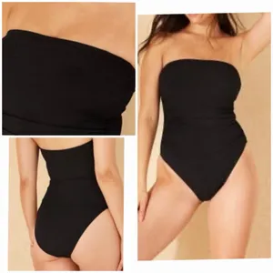 NEW Shade & Shore Black Ribbed Bandeau One Piece Swimsuit XS Shaping thumbnail 2