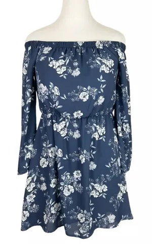 Altar'd State Navy Blue Floral Off-The-Shoulder Bishop Sleeve Mini Dress Small thumbnail 1