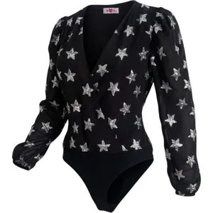 Buddy Love Black Silver Sequin Star Long Sleeve Wrap Bodysuit Womens Medium thumbnail 1