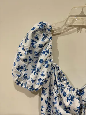 Blue Floral Puff-Sleeve Midi Dress Size M thumbnail 3