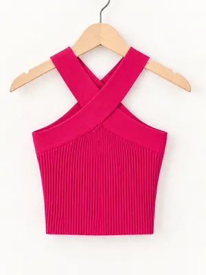 Babaton Aritzia Fuchsia Ribbed Crisscross Cropped Knit Fitted Halter Top Size XS thumbnail 5