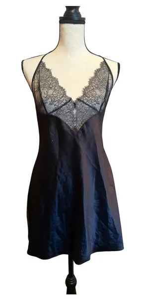 Victoria’s Secret Lace Trim Black Slip Dress sheer lingerie adjustable straps M thumbnail 1