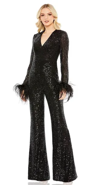 Mac Duggal Black XS Sequin Feather Trim Flare Leg V Neck Pants Jumpsuit thumbnail 1