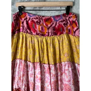 Hale Bob Silk Tiered Maxi Skirt Size Large Boho Floral Patchwork Festival thumbnail 2