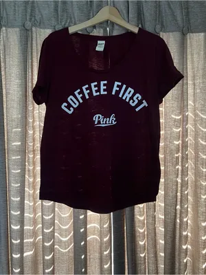 Y2K PINK Victoria's Secret Women's 'Coffee First' Deep Wine Tee Size Large thumbnail 3