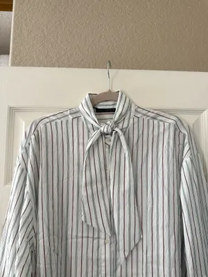 BNWT Zara Mint Chocolate Green & Brown Striped Flowy Button Down Scarf Shirt thumbnail 11