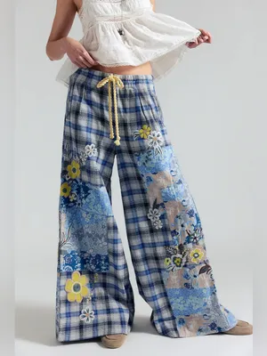 🆕Free People | Brooks Embroidered Wide-Leg Patchwork Pants | Sz: M | Ivory Combo thumbnail 4