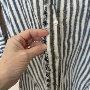 Zara Top Women’s XS Tunic White Blue Gold Stripe Button Down Long Sleeve Coastal thumbnail 6