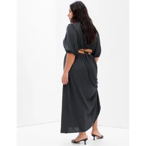 Gap Womens Black Satin Open Back V-Neck Puff Sleeve Maxi Dress Tie‎ Back thumbnail 2