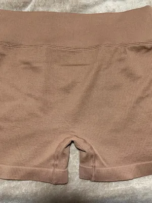 OQQ High Waist Cross Over Athletic Shorts Seamless Ribbed Bike Shorts in Taupe thumbnail 4