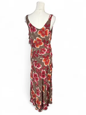 Y2K Vintage Bandolino Brown Red Large Floral Cowl Neck Draped Fairycore Dress thumbnail 2