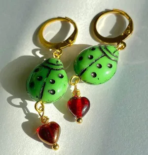 Handmade Czech glass beads lady bug & heart cute dangle earrings🐞💚❤️ thumbnail 1