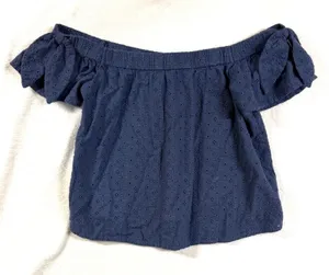 Abercrombie & Fitch S Navy Blue Eyelet Off Shoulder Crop Top Bow Tie Sleeve Boho thumbnail 1