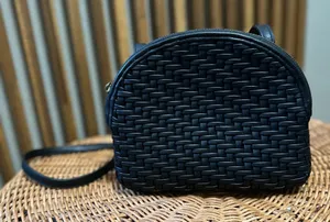 Anthropologie Black Faux Leather Woven Crossbody Bag Adjustable Strap thumbnail 1