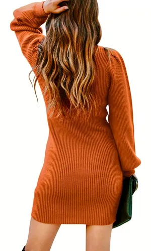 Burnt Orange Ribbed Knit Long Sleeve Sweater Dress thumbnail 3