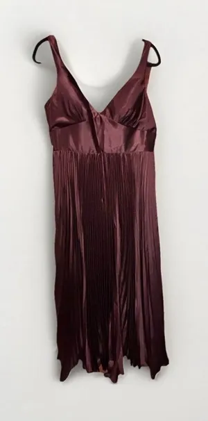 Women's Satin Pleated Maxi Dress in Wine thumbnail 1
