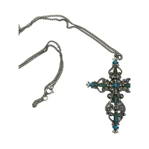 Signed Roma Cross Pendant Necklace Petit Point Faux Turquoise Christian Vintage thumbnail 2