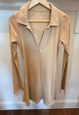 American Eagle Ribbed Knit Collared Mini Dress Tan Long Sleeve Medium thumbnail 1