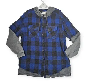 NWT Oli & Hali Oversized Plaid Hooded Button Down Shacket S Blue Gray Shirt Jack thumbnail 1