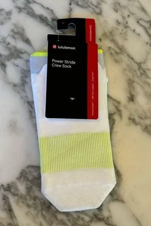 NWT Lululemon Power Stride Crew Sock White Neon Yellow Size M thumbnail 1