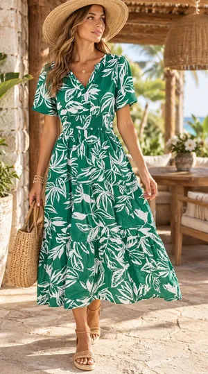 Meadow Rhodes Green White Tropical Leaf Cotton Midi Dress Size Small thumbnail 1