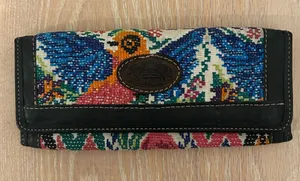 Embroidered Multicolor Bird Continental Wallet with Black Leather Trim thumbnail 1