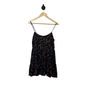 Urban Outfitters Rory Printed Chiffon Tiered Ruffle Mini Dress Navy/Tan Size M thumbnail 2