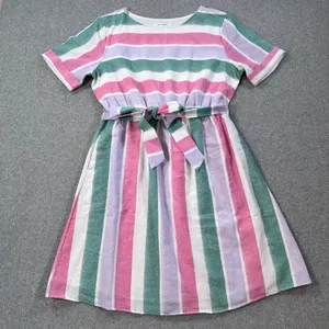 Ces Femme Striped Short Sleeve Dress Women's Large Belted Round Pink Green Purpl thumbnail 1