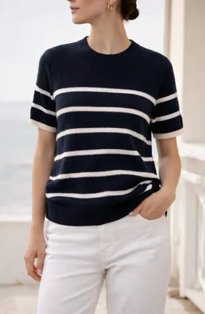 Abercrombie & Fitch Textured Crewneck Striped Short Sleeve Sweater thumbnail 1
