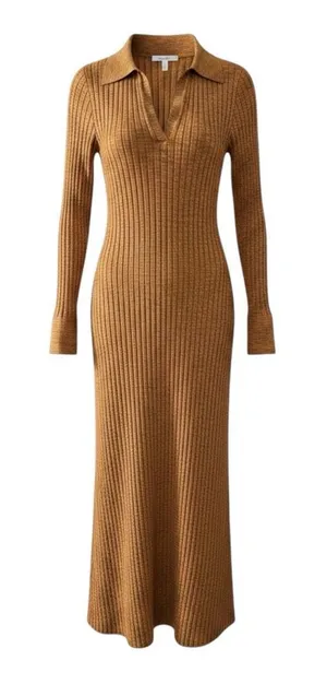 LOFT Brown Ribbed Polo Midi Knit Sweater Dress Size M Long Sleeve Pullover thumbnail 1
