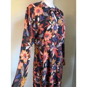 Boho Floral Long sleeve Mini Dress Black Orange whimsigoth flowy retro lotus 16‎ thumbnail 2