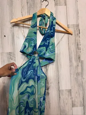 Haute Monde Cutout Maxi Dress Womens Small Blue Green Swirl O-Ring Halter Neck thumbnail 3