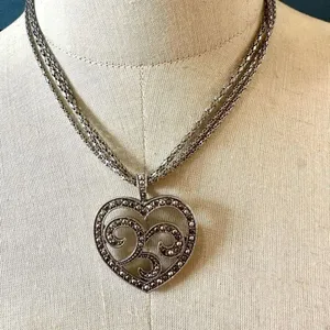 Silver tone Marcasite Heart Pendant necklace thumbnail 1