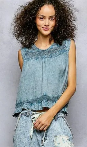 POL Button Closure on Back Ruffled Sleeveless Cotton Blouse with Trim Detail‎ thumbnail 1