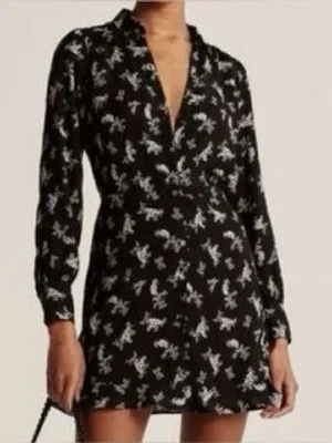 NWT Abercrombie & Fitch Black Floral Mini Shirt Dress Long Sleeve Size XS y2k thumbnail 1